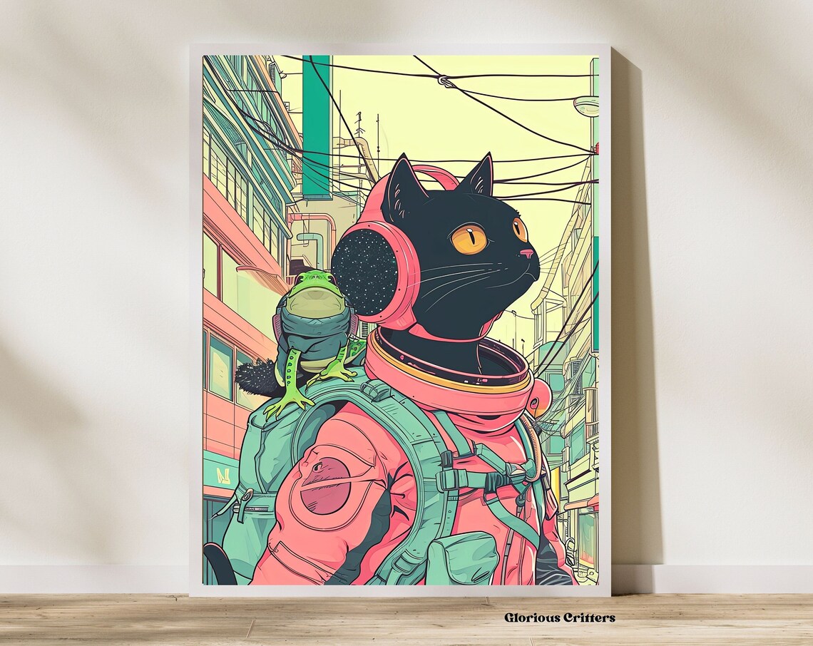 Cute Cat Astronaut With Frog Friend in City Street Retro Poster
