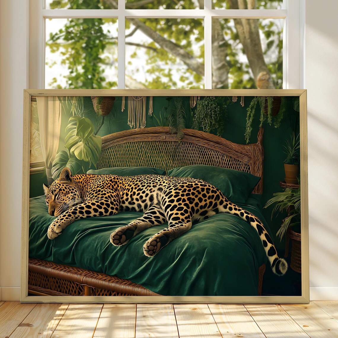 Leopard Art Print, Green Boho Bedroom Decor