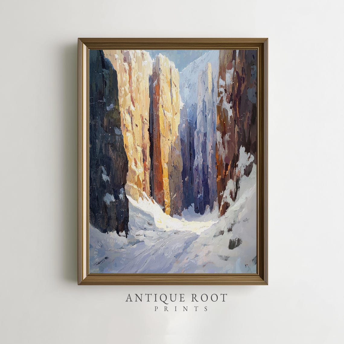 Dramatic Snowy Mountain Canyon Sunlit Cliffs Winter Landscape Poster
