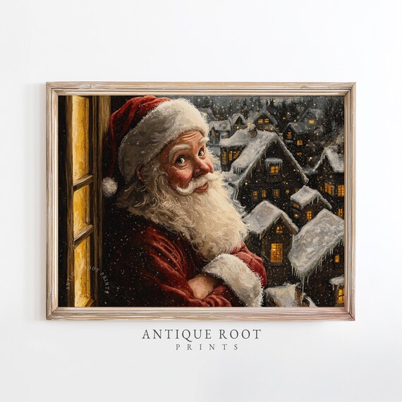 Santa Claus At Window Snowy Village Night Vintage Christmas Poster