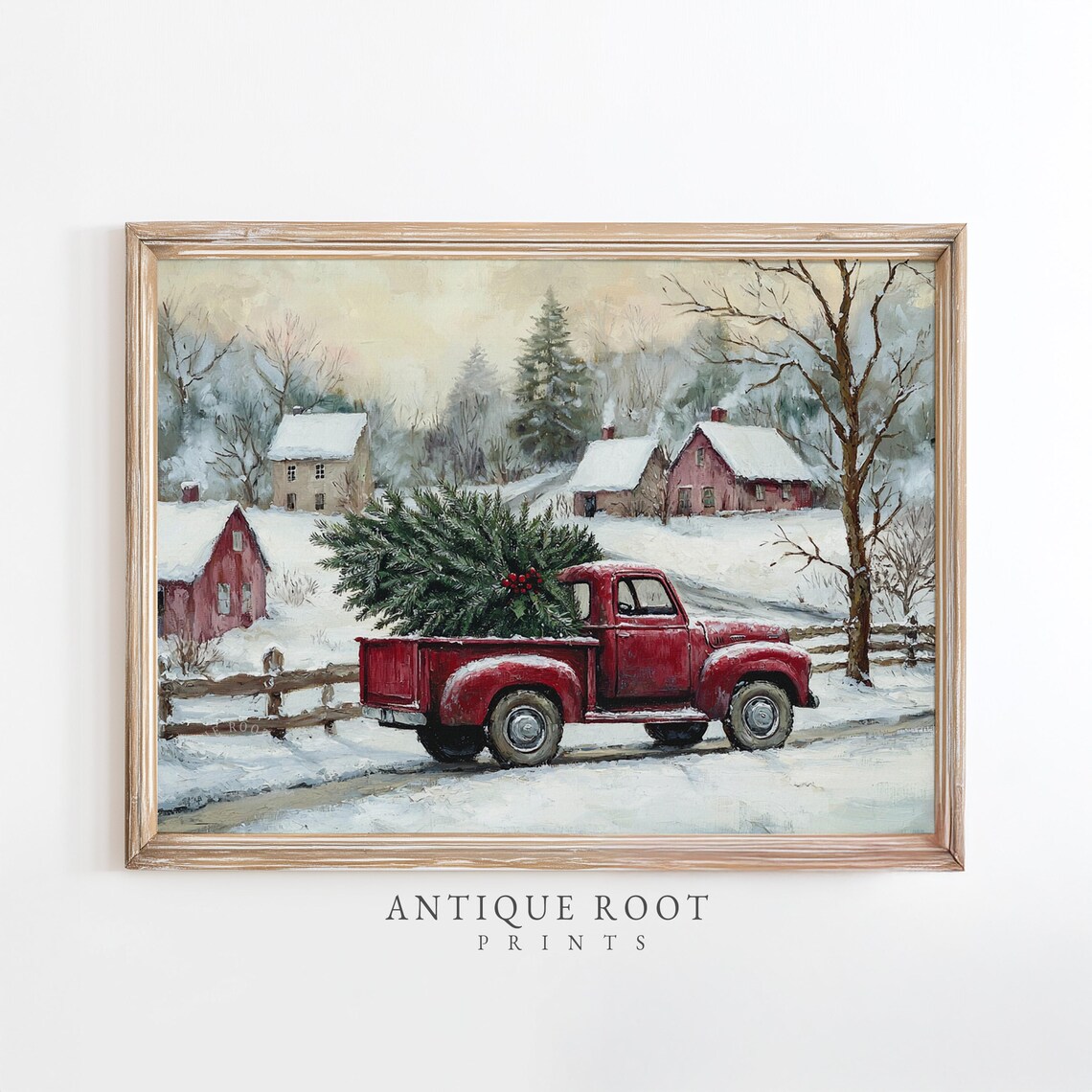 Red Christmas Truck Hauling Tree Vintage Farmhouse Winter Scene Print