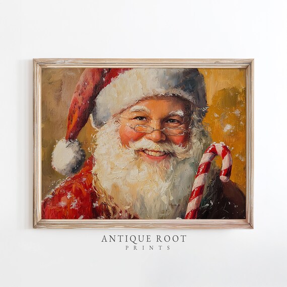 Santa Claus Portrait Candy Cane Christmas Oil Painting Wall Art