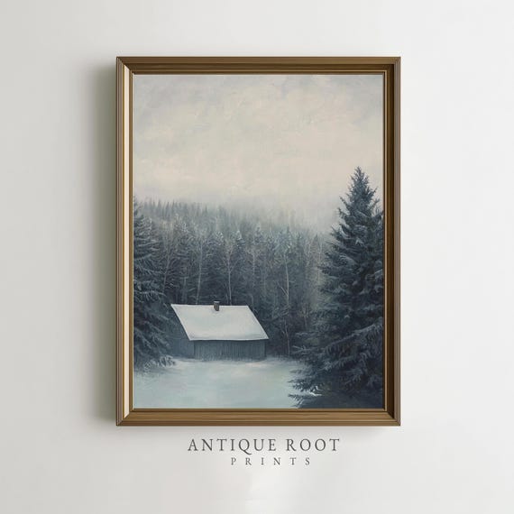 Winter Cabin Watercolor Print Snowy Forest Rustic Art Cozy Decor Scandinavian Landscape Neutral