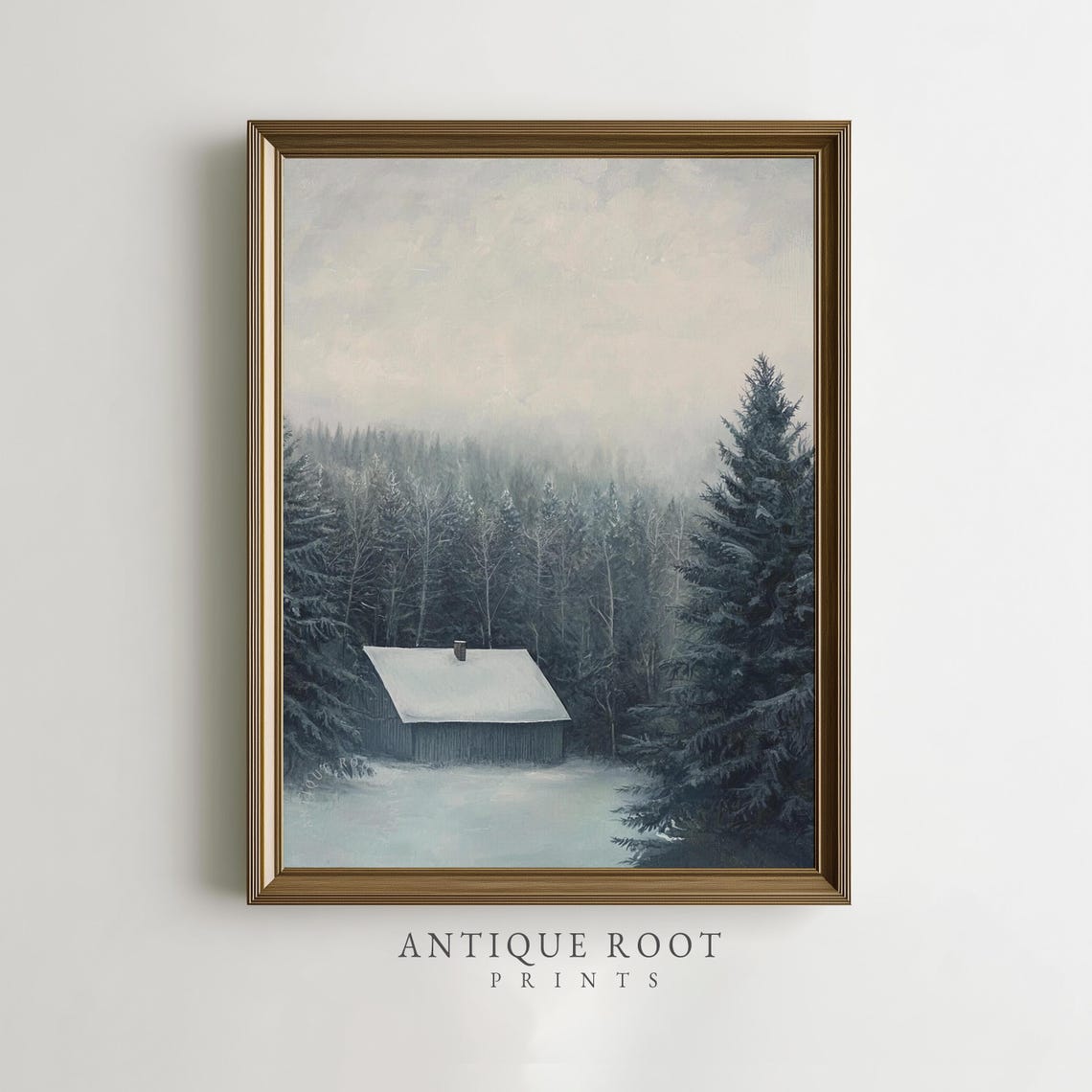 Snowy Winter Cabin Misty Pine Forest Rustic Watercolor Art Poster