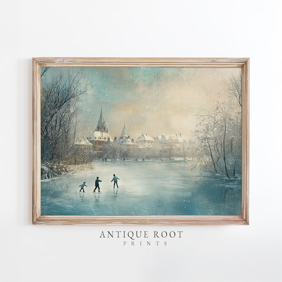 Children Ice Skating Frozen Lake Winter Landscape Painting Poster