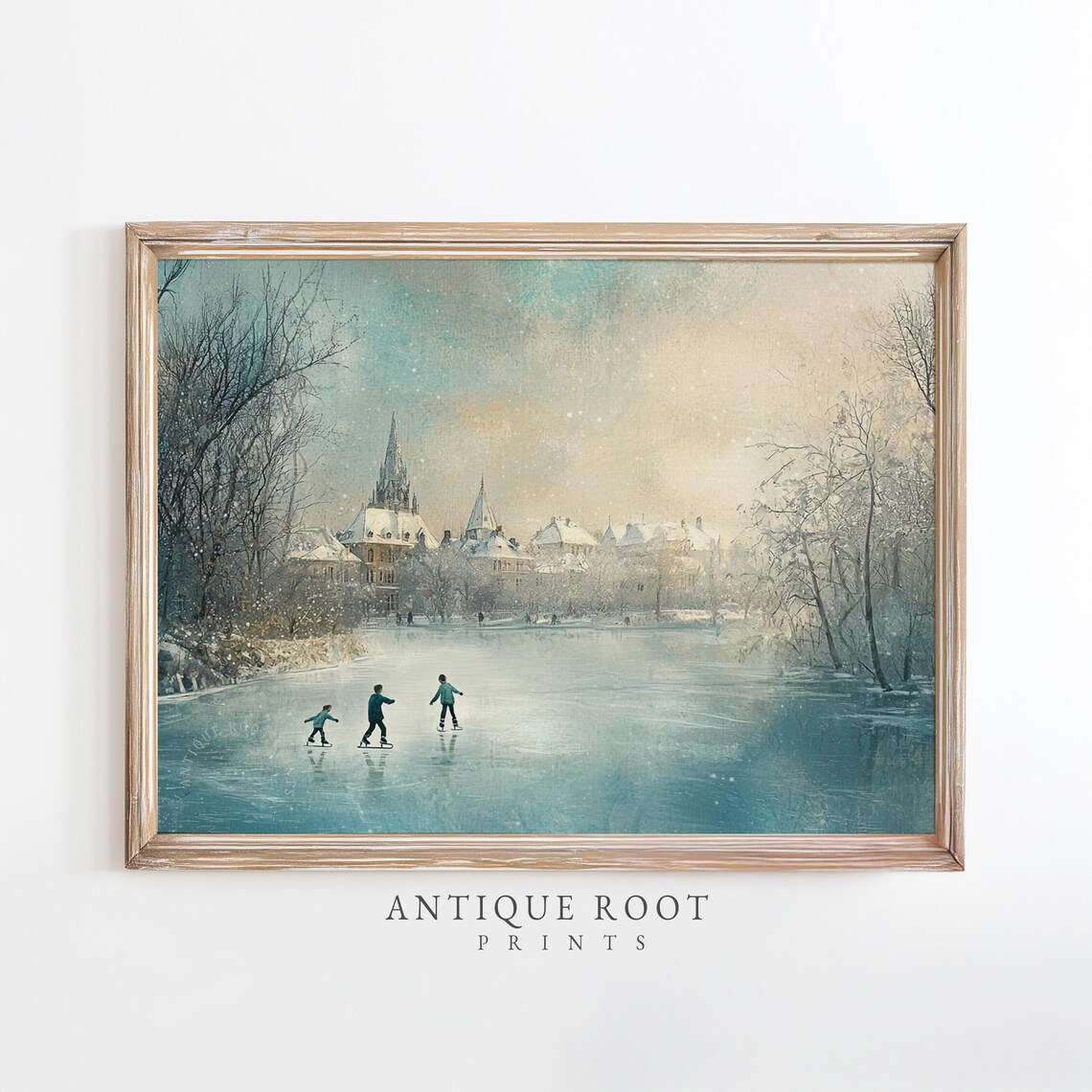 Children Ice Skating Frozen Lake Winter Landscape Painting Poster