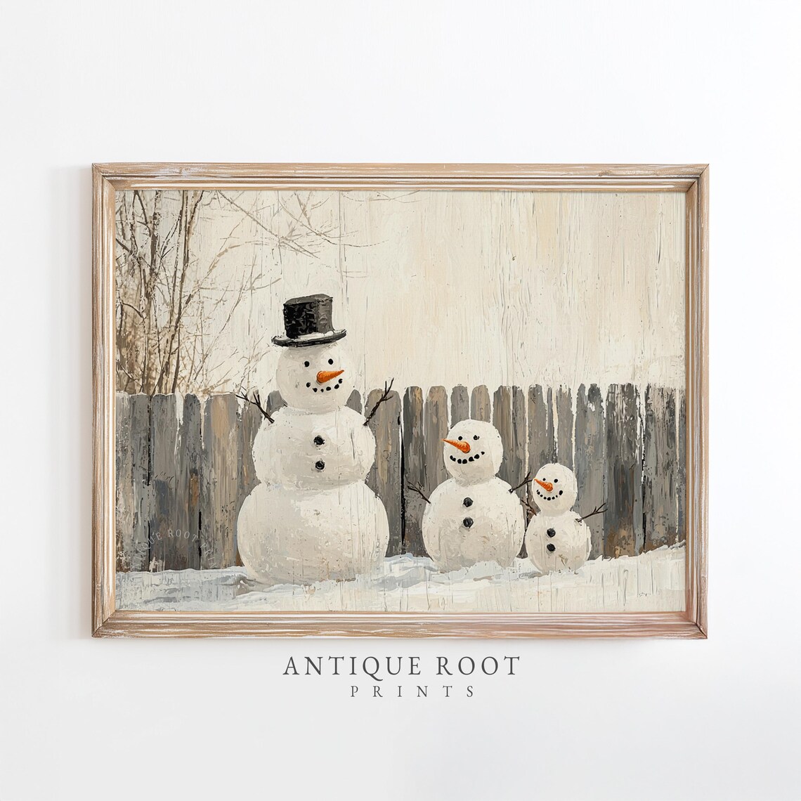 Three Snowmen by Wooden Fence Rustic Winter Oil Painting Poster