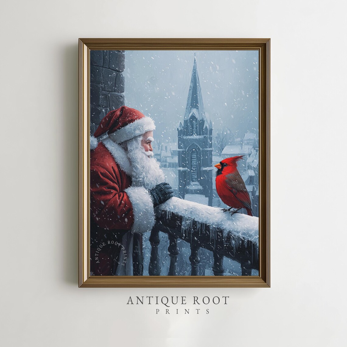 Santa Claus with Red Cardinal Snowy Balcony Church Spire Painting Poster
