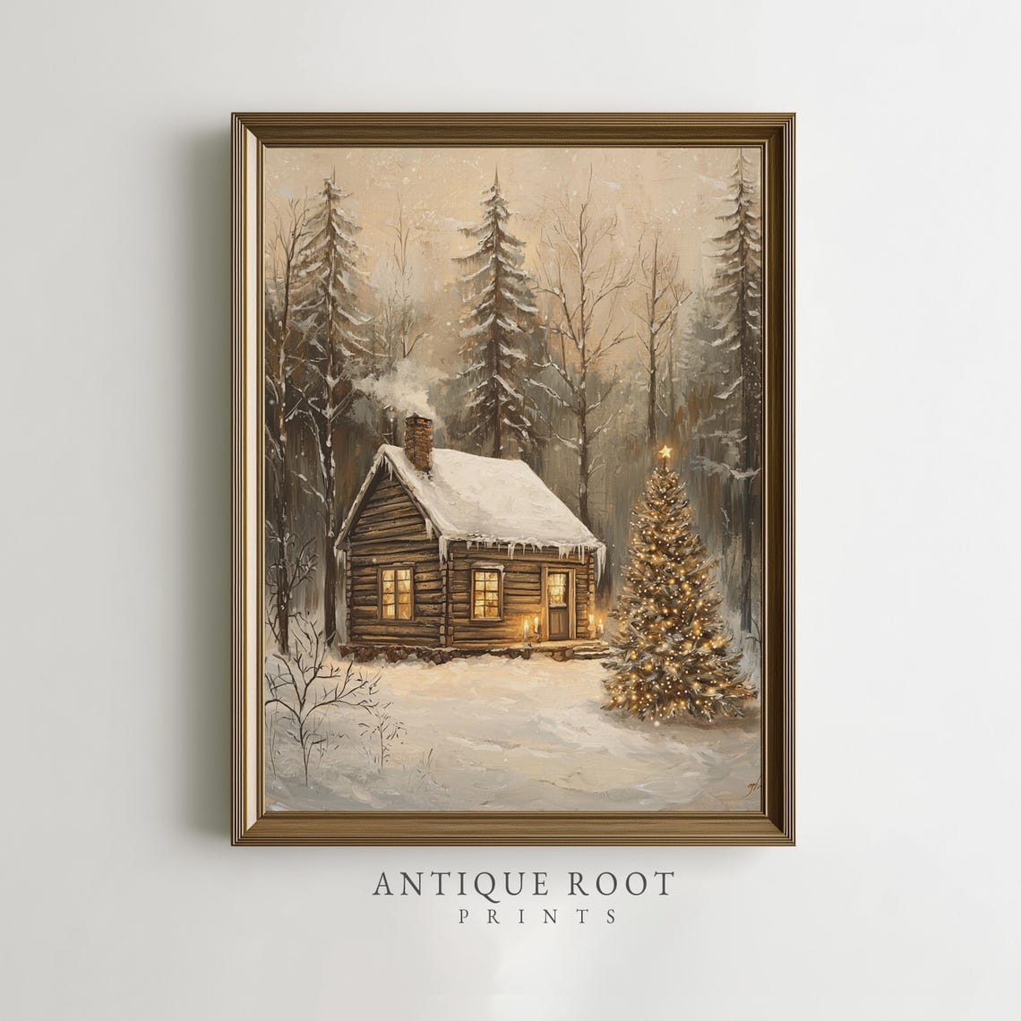 Snowy Cabin With Lit Christmas Tree Rustic Winter Forest Print
