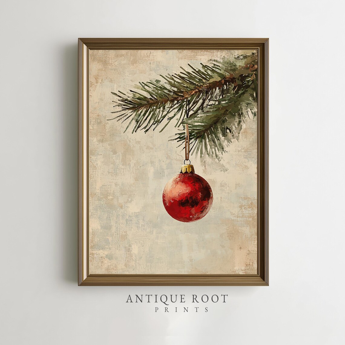 Red Christmas Ornament Pine Branch Vintage Holiday Painting Poster