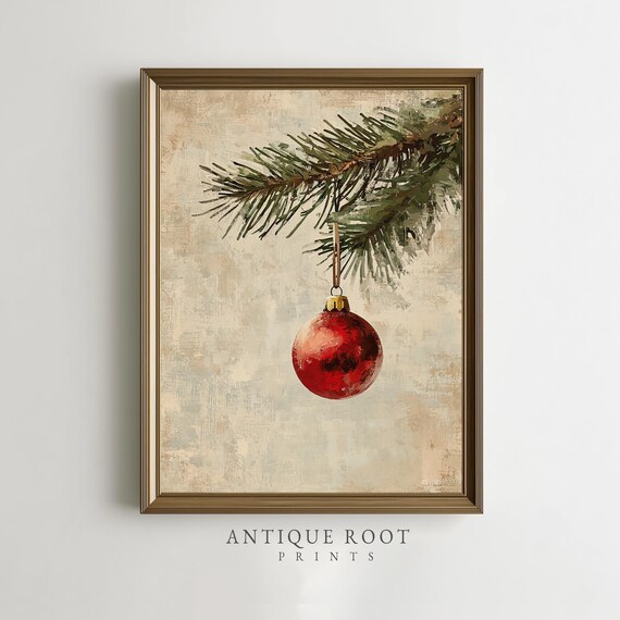 Red Christmas Ornament Pine Branch Vintage Holiday Painting Poster
