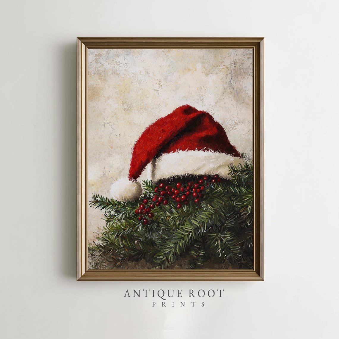 Santa Hat Evergreen Berries Rustic Farmhouse Christmas Print