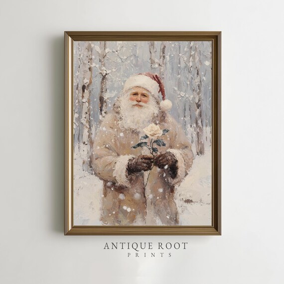 Santa Claus Holding White Rose Snowy Forest Vintage Art Print
