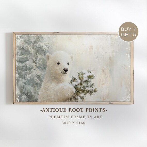 Cozy Polar Bear Samsung Frame Tv Art Vintage Winter Impressionist Decor Snowy Forest Scene For 37