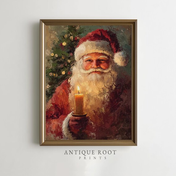 Santa Holding Candle Classic Vintage Christmas Oil Painting Poster