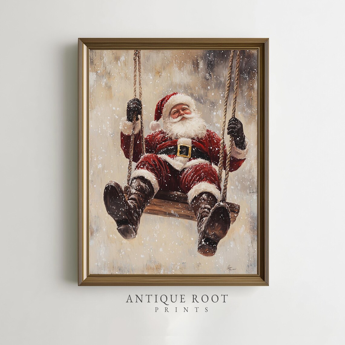 Santa Claus Swinging In Snow Playful Vintage Christmas Poster