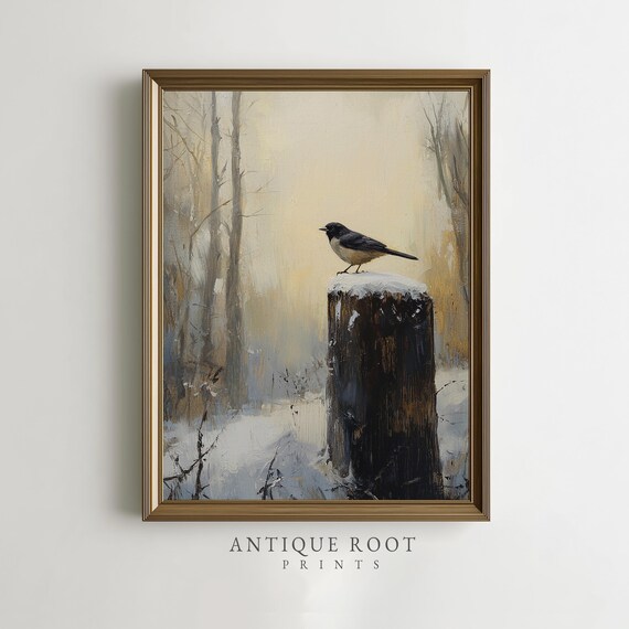 Winter Songbird Art Print Moody Vintage Wall Rustic Farmhouse Decor Serene Scene