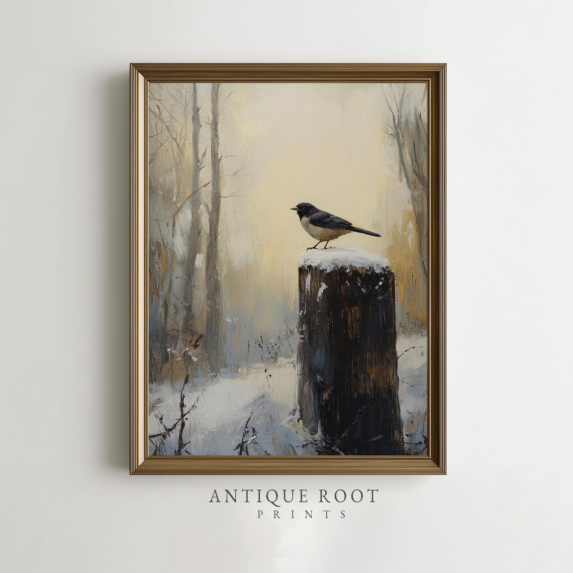 Songbird on Snowy Tree Stump Winter Forest Bird Painting Poster