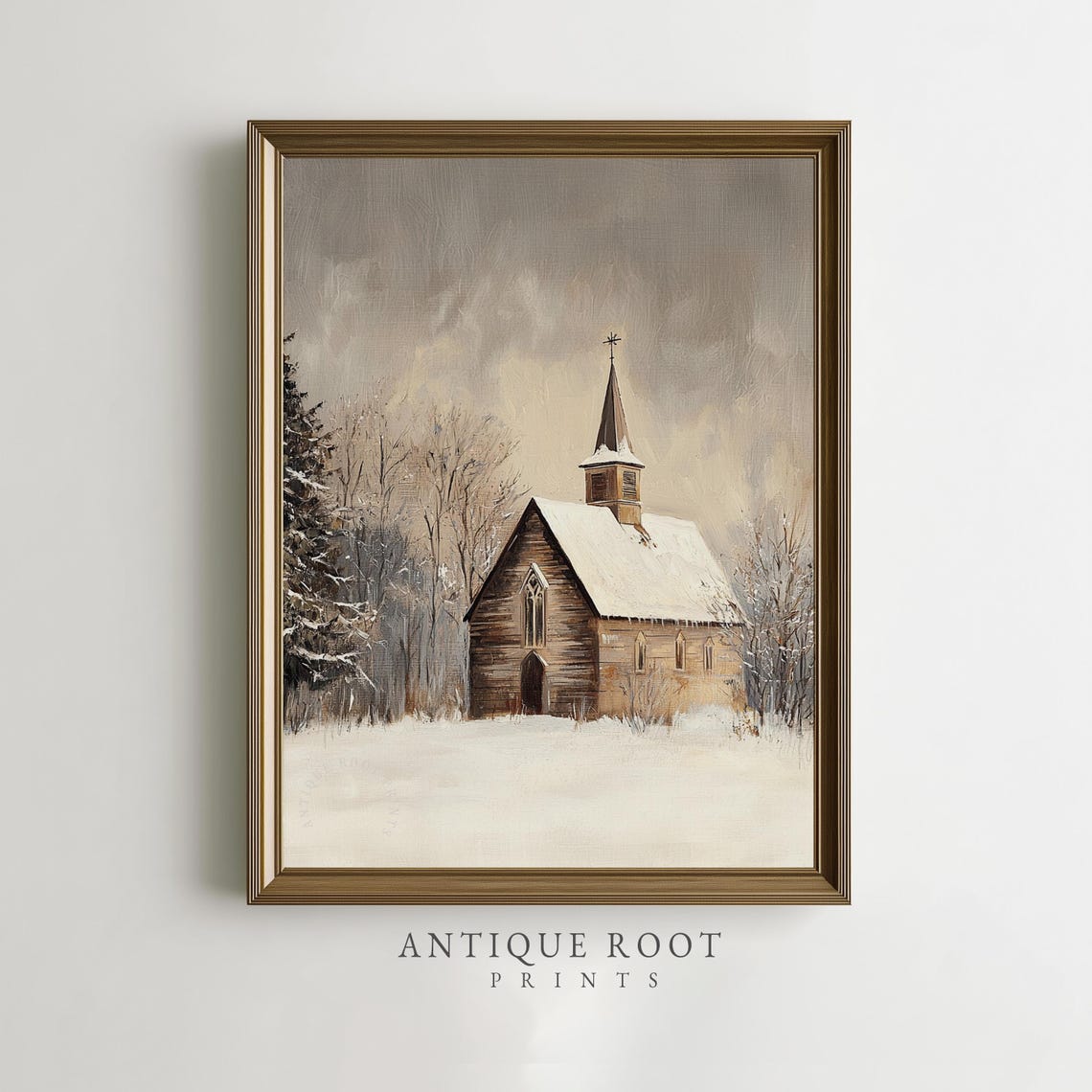 Wooden Church in Snow Winter Chapel Vintage Rustic Painting Poster