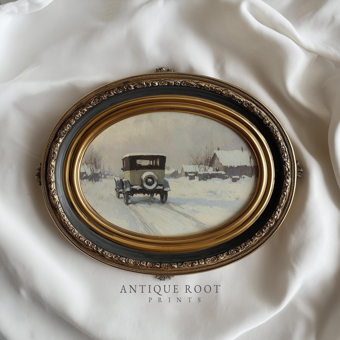 Vintage Automobile On Snowy Country Road Winter Scene Retro Wall Art