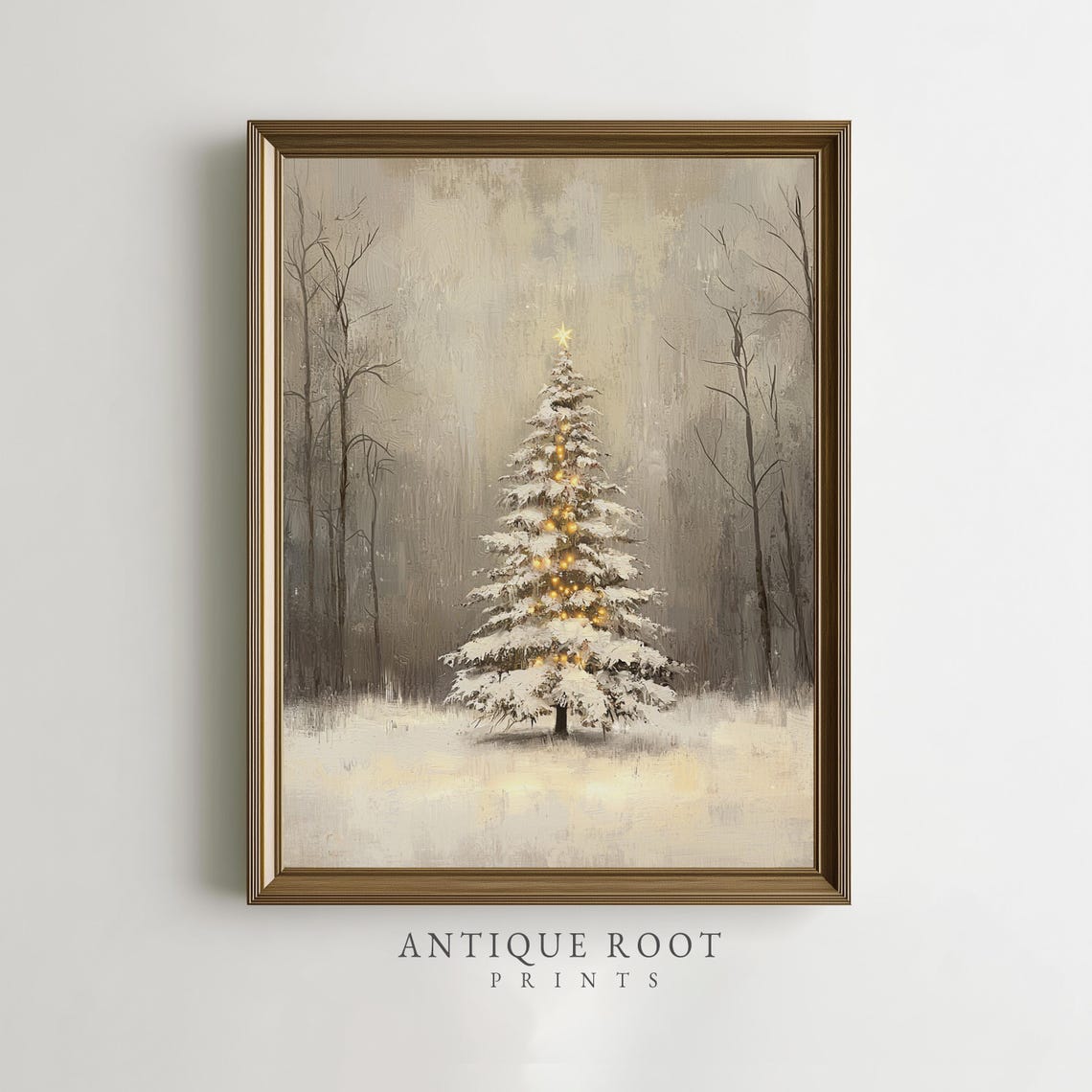Snowy Christmas Tree With Glowing Lights in Winter Forest Wall Art