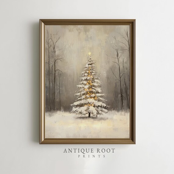 Snowy Christmas Tree With Glowing Lights in Winter Forest Wall Art