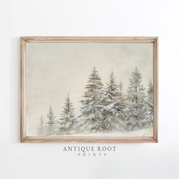 Snowcovered Evergreen Trees Vintage Painting Rustic Winter Forest Art Cozy Farmhouse Decor Wall Instant