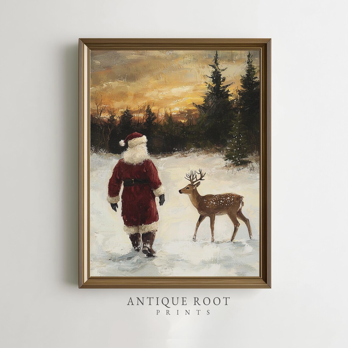 Santa Walking With Deer Snowy Sunset Rustic Christmas Painting Poster