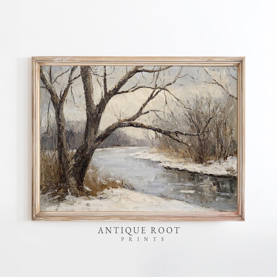 Winter River Landscape Art Vintage Impressionist Snowy Scene Rustic Moody Decor Neutral Painting 203