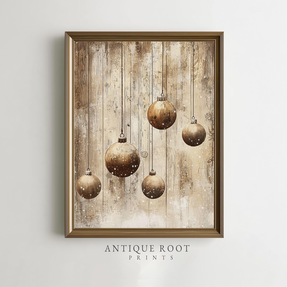 Gold Christmas Ornaments Hanging Rustic Wood Elegant Holiday Wall Poster