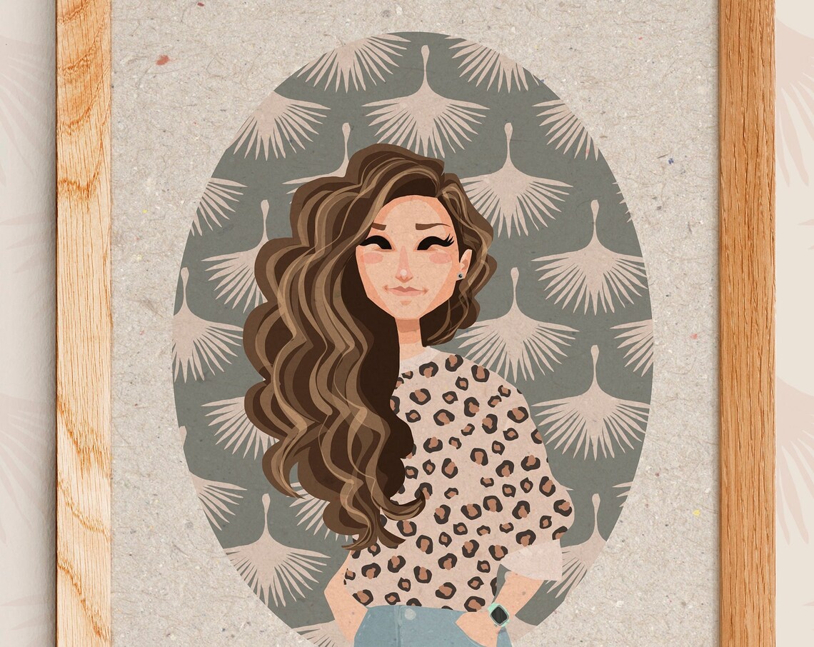 Custom Retro Woman Portrait in Leopard Top Crane Birds Poster