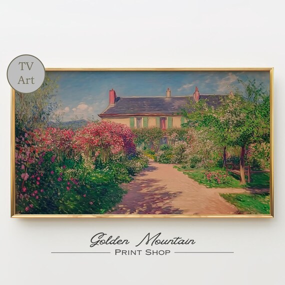 Sunlit Cottage Rose Garden Impressionist Painting Spring Landscape Print