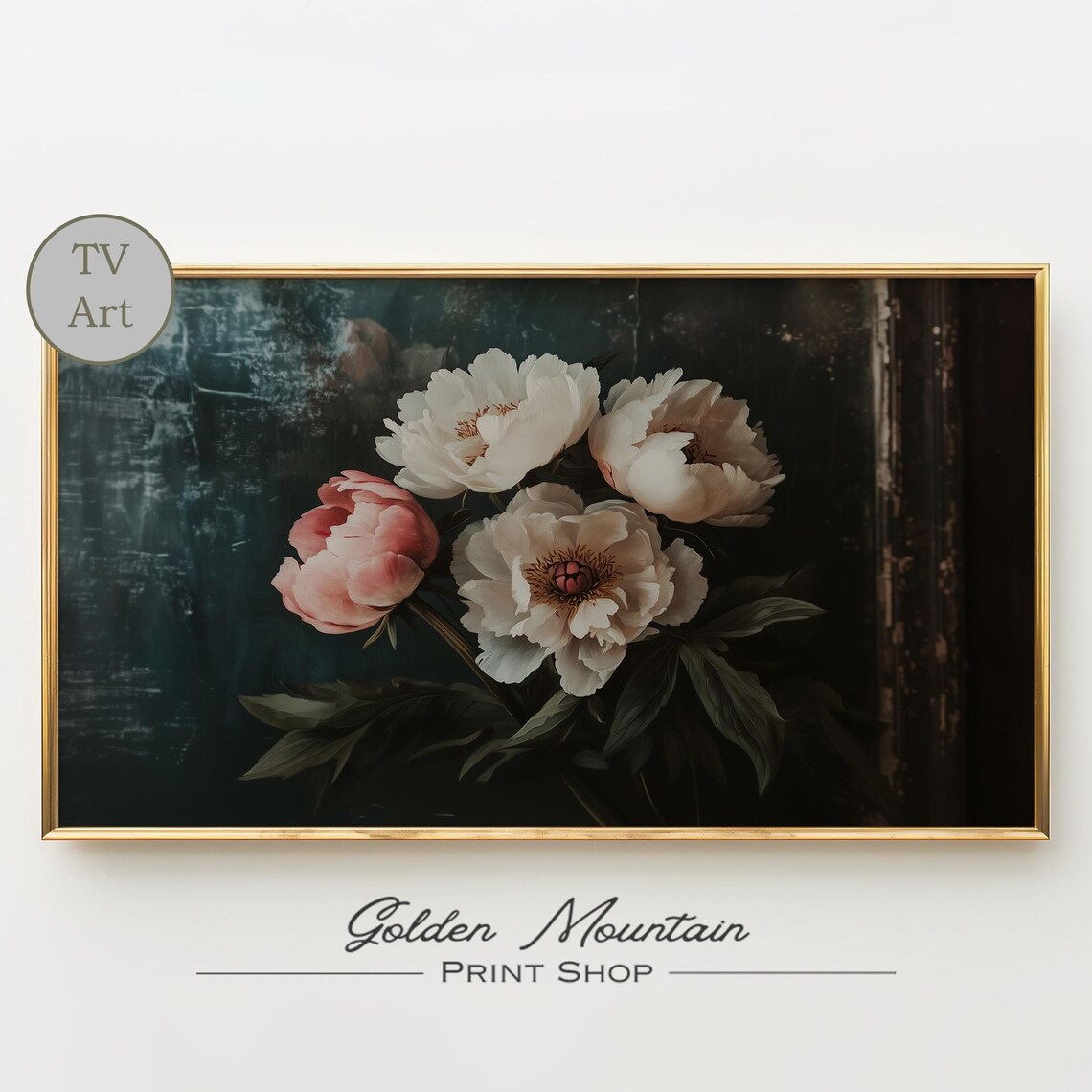White Pink Peony Bouquet On Dark Teal Moody Vintage Floral Poster