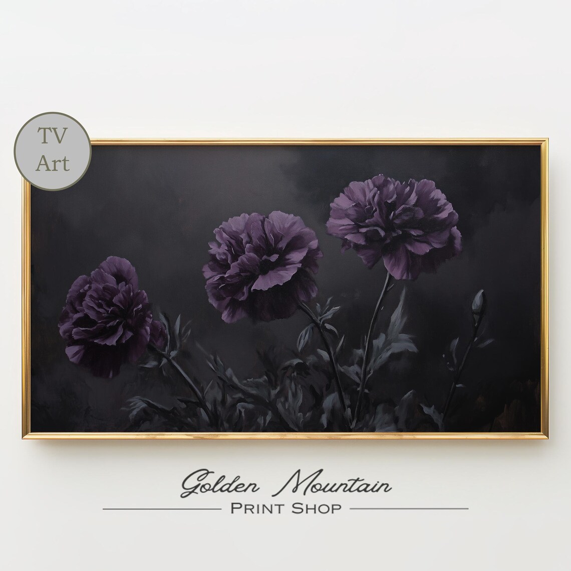 Dark Purple Carnation Blooms Moody Floral Still Life Painting Poster