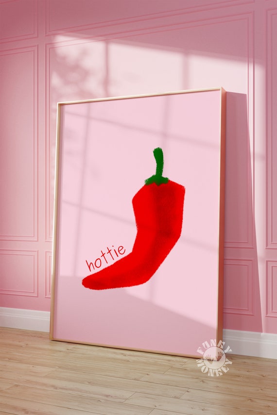 Chilli Pepper Art Print Hottie Funny Retro Kitchen Poster Pink Red Trendy Wall Art Apartment Aesthetic Print