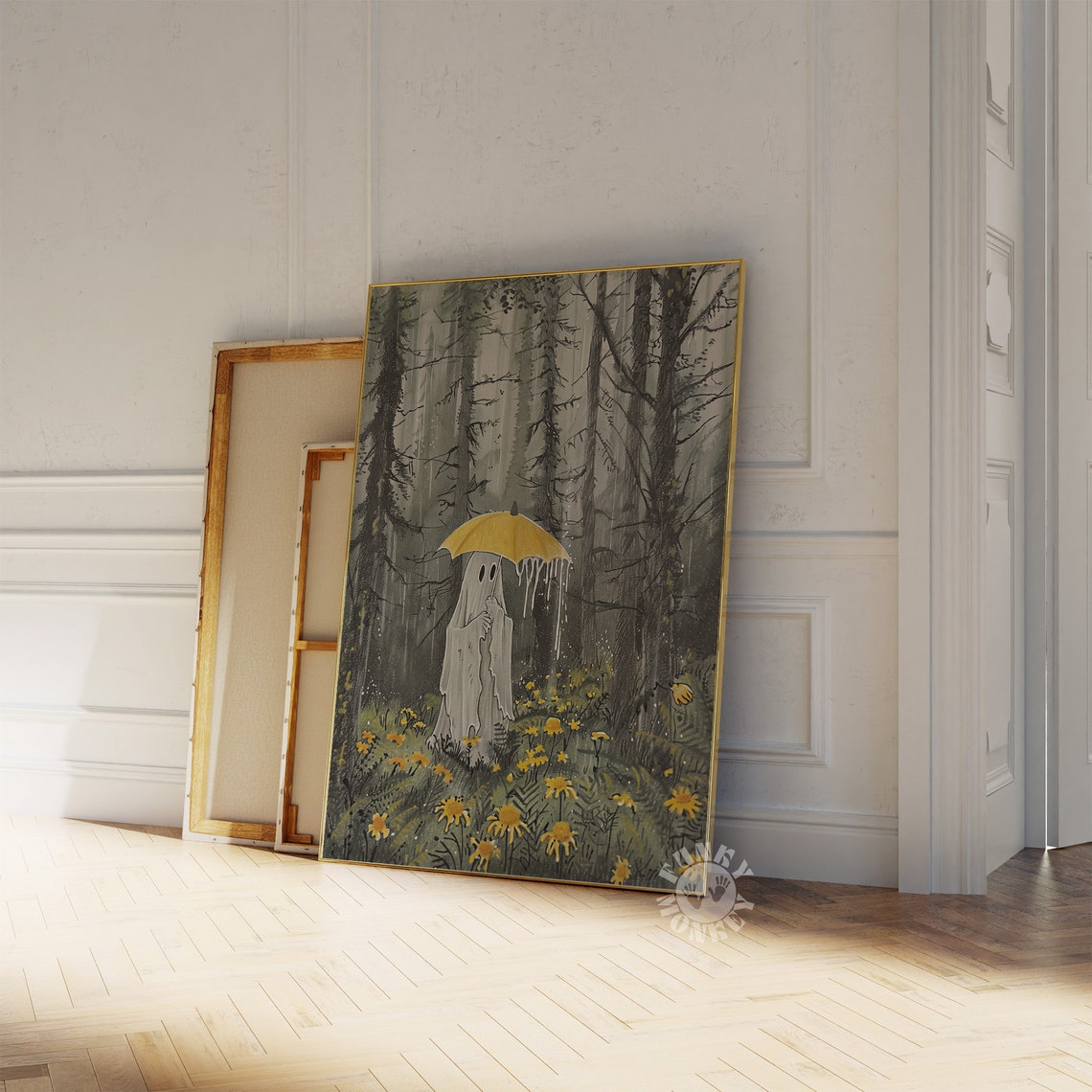 Rainy Day Ghost With Yellow Umbrella in the Dark Woods Wall Art