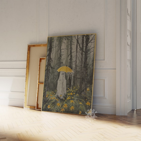 Rainy Day Ghost With Yellow Umbrella in the Dark Woods Wall Art
