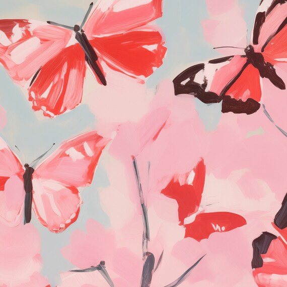 Painterly Pink Butterflies Abstract Pastel Botanical Art Print