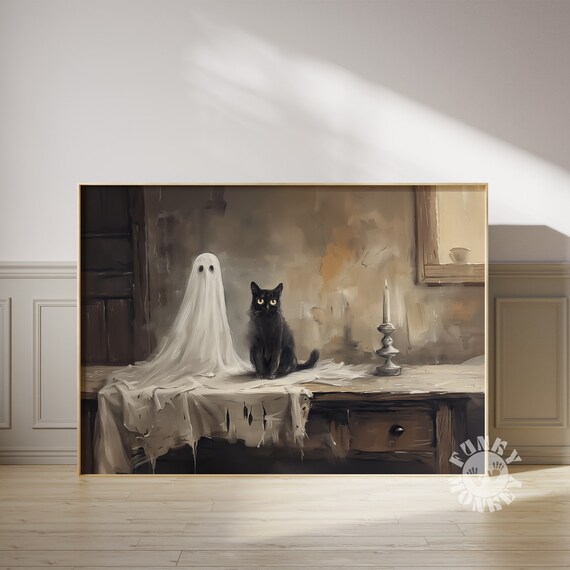 Ghost and Black Cat Rustic Vintage Halloween Painting Poster