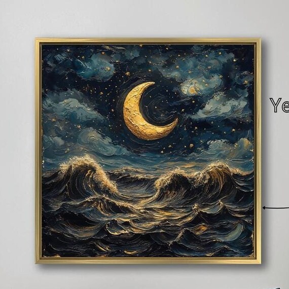 Golden Crescent Moon Over Dark Ocean Waves Night Seascape Wall Poster