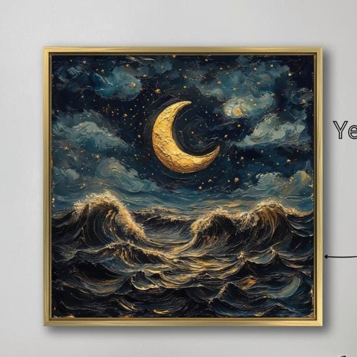 Golden Crescent Moon Over Dark Ocean Waves Night Seascape Wall Poster