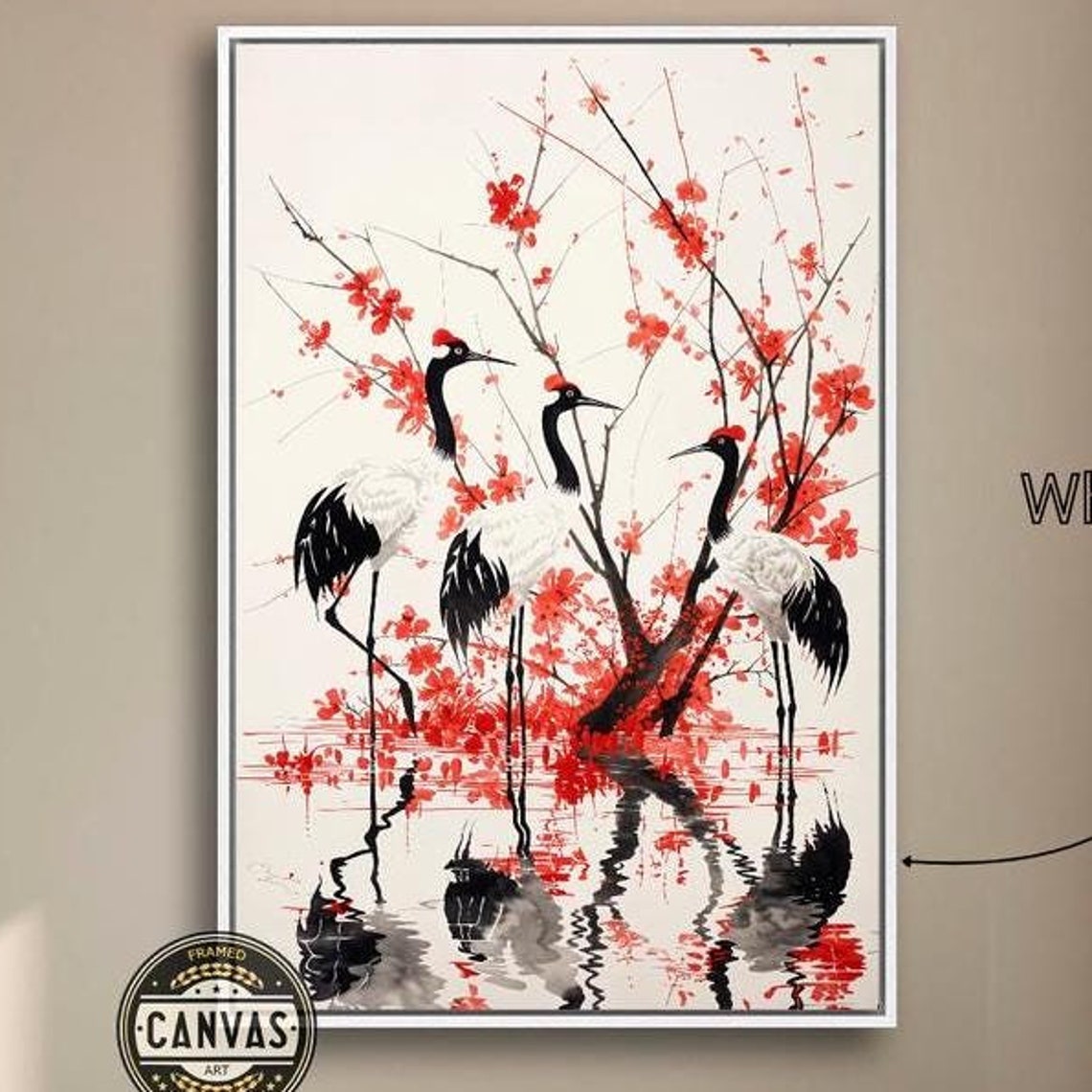 Red Crowned Cranes Red Cherry Blossom Water Reflections Poster
