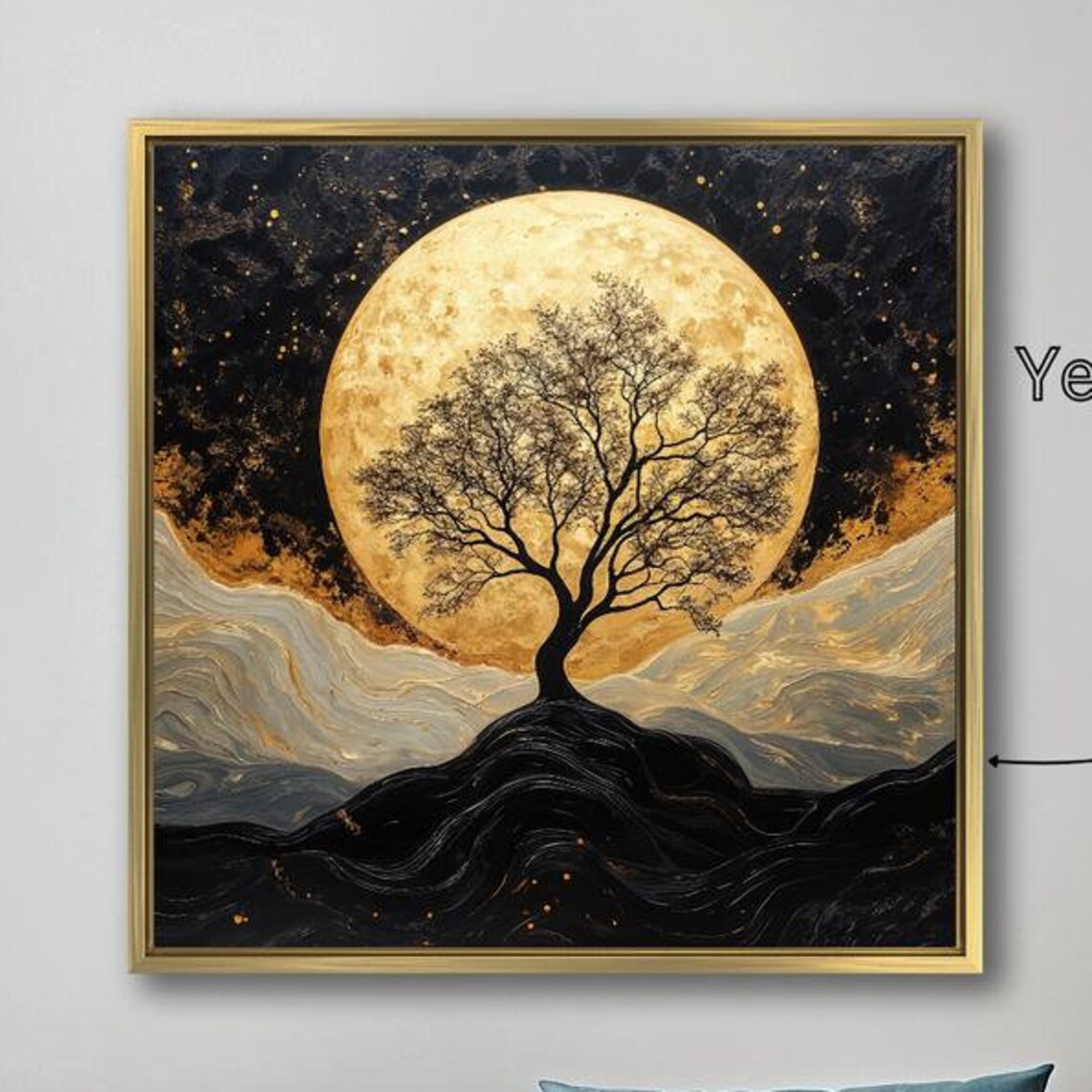 Black Tree Silhouette Golden Full Moon Mystical Night Sky Art Poster