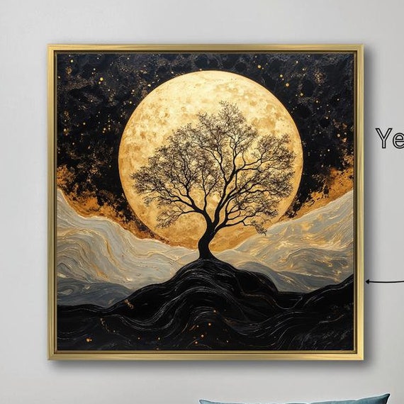 Black Tree And Full Moon Framed Print Mystical Night Wall Art Starry Sky Painting Print Abstract Luxury Decor Ready To Hang
