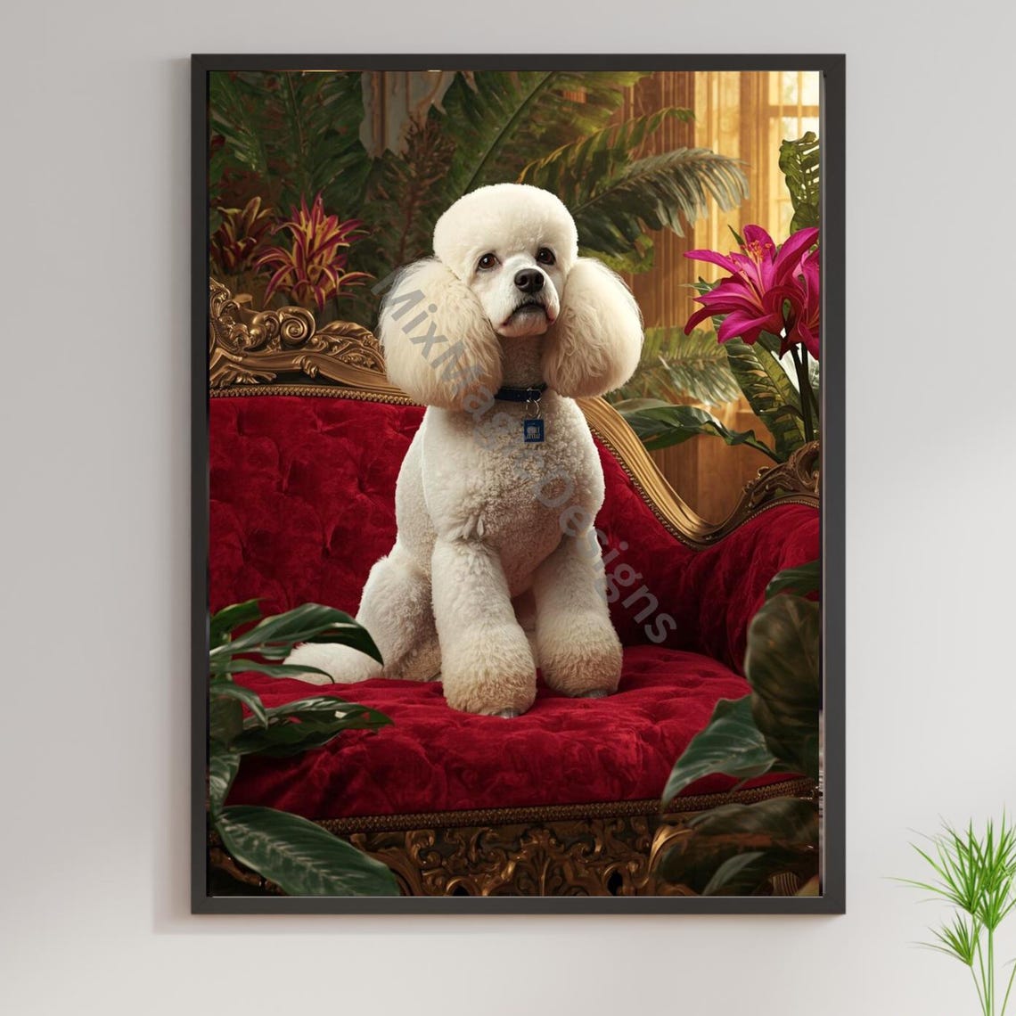 White Poodle On Red Velvet Sofa Regal Royal Dog Portrait Poster