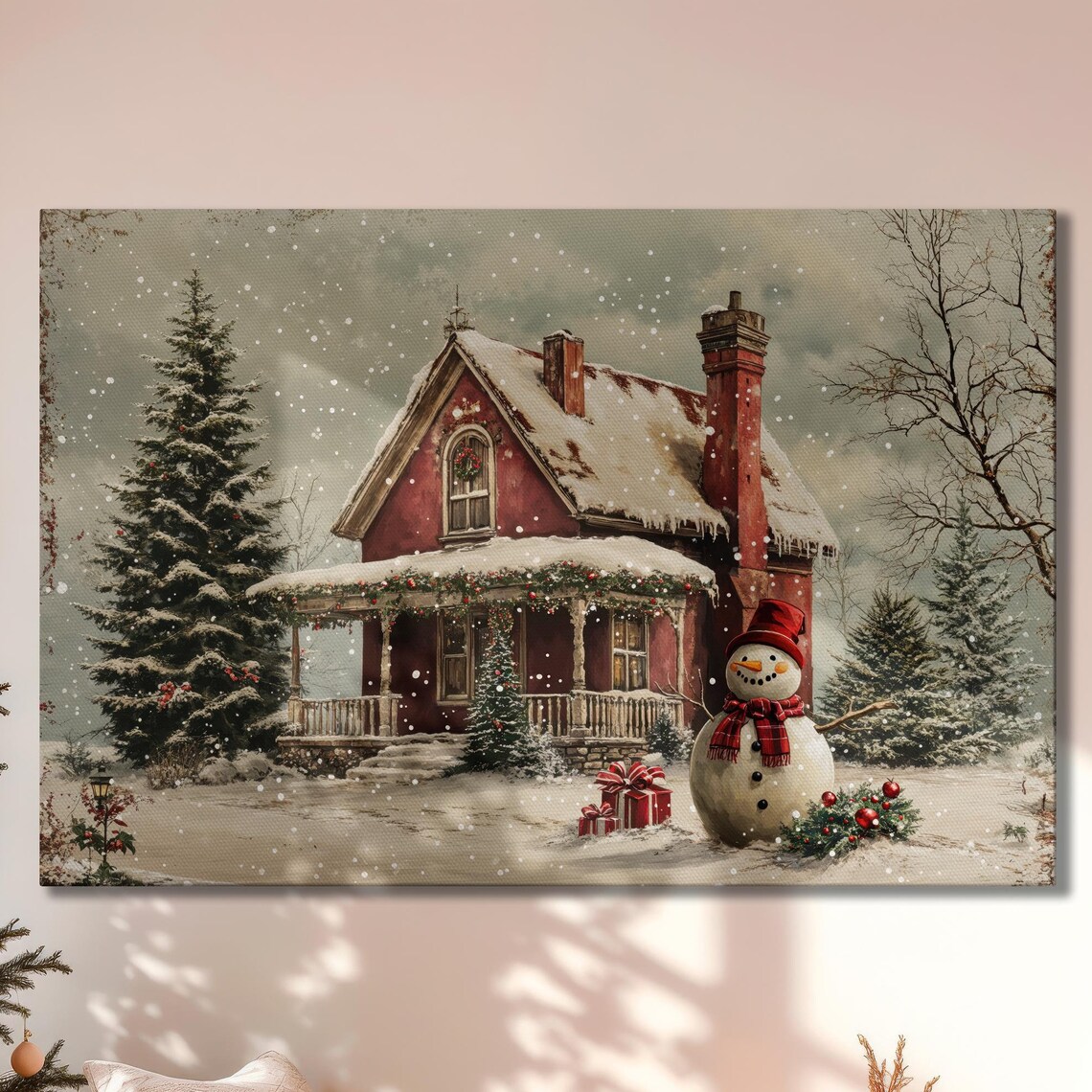 Snowy Red Farmhouse With Snowman Winter Holiday Painting Poster