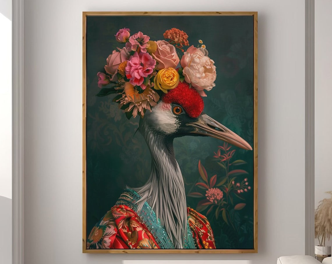 Red Crowned Crane with Flower Crown in Red Floral Robe Art Print