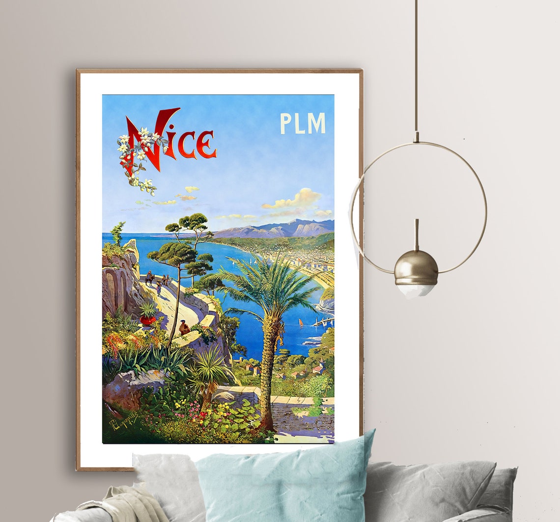 Nice PLM French Riviera Vintage Travel Poster Palm Coast Art