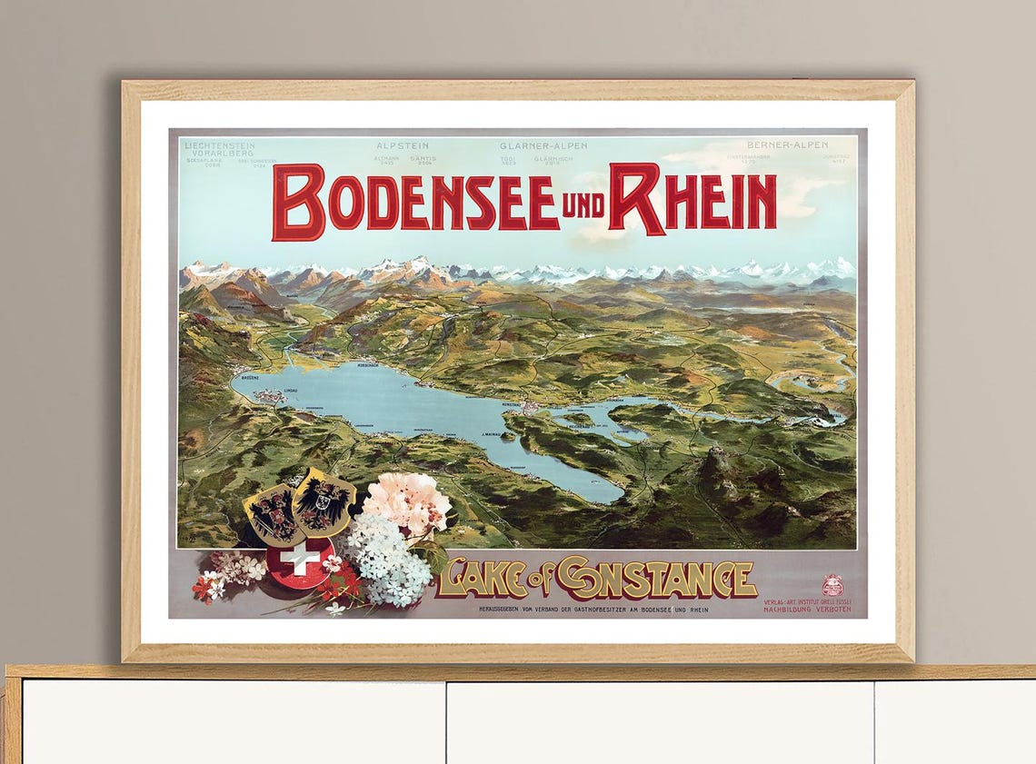 Lake Constance Bodensee und Rhein Vintage Panorama Map Travel Poster