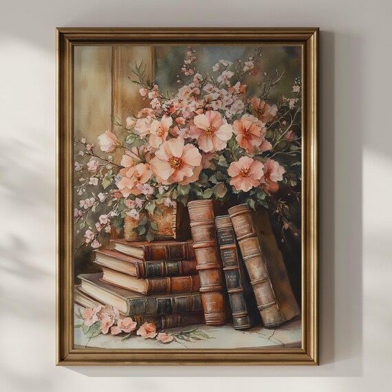 Vintage Books With Blush Blossoms Watercolor Romantic Library Poster